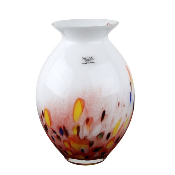 Sasaki Crystal Handcrafted White Vase With Colorful Speckled Design 8.25" Tall - Picture 1 of 8